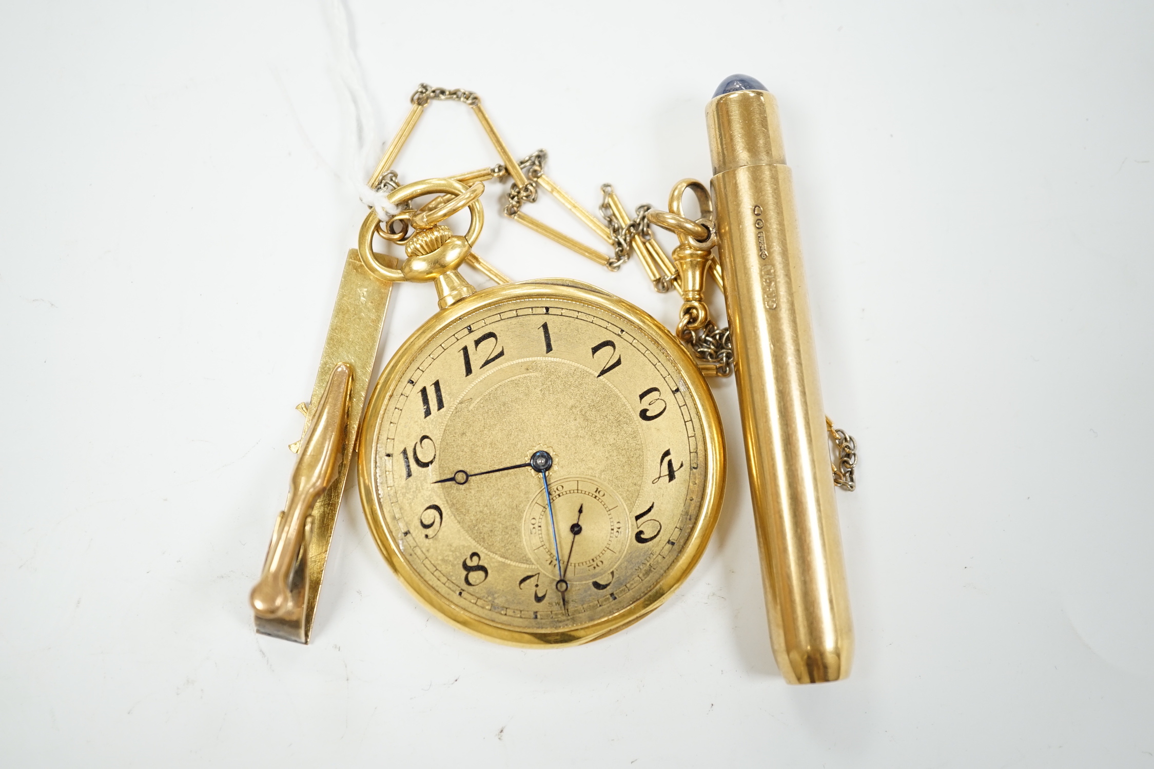 An 18k Longines keyless dress pocket watch, lacking glass, with Arabic dial and subsidiary seconds, on an 18ct albert, 40cm, gross weight 61.7 grams, hung with an 9ct gold cased pencil holder, with cabochon set terminal,